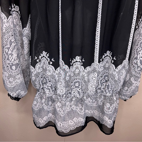 Medium Notations Black White Lace Print Blouse Peasant Semi Sheer Goth - Picture 7 of 16